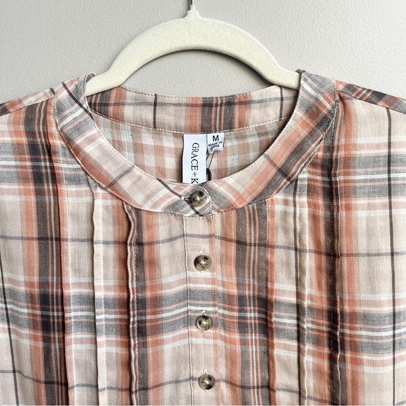 Grace‎ Karma Top Women's Medium New NWT Plaid Neutral Cotton Gauze Scandi Earthy - Picture 5 of 12